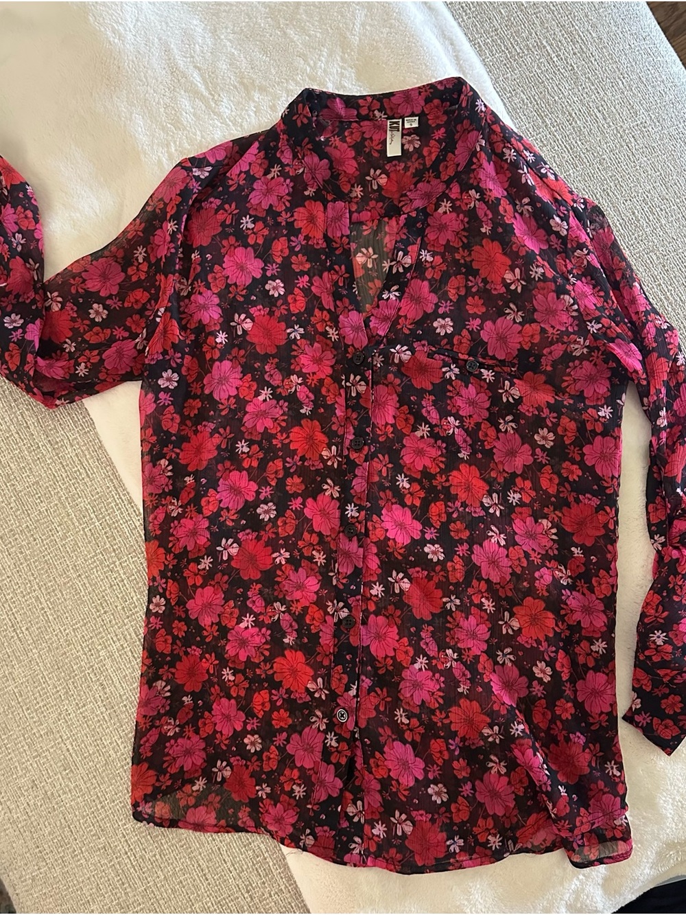 Kut from the Kloth Sheer Floral Button-Down Blouse - Pink & Red